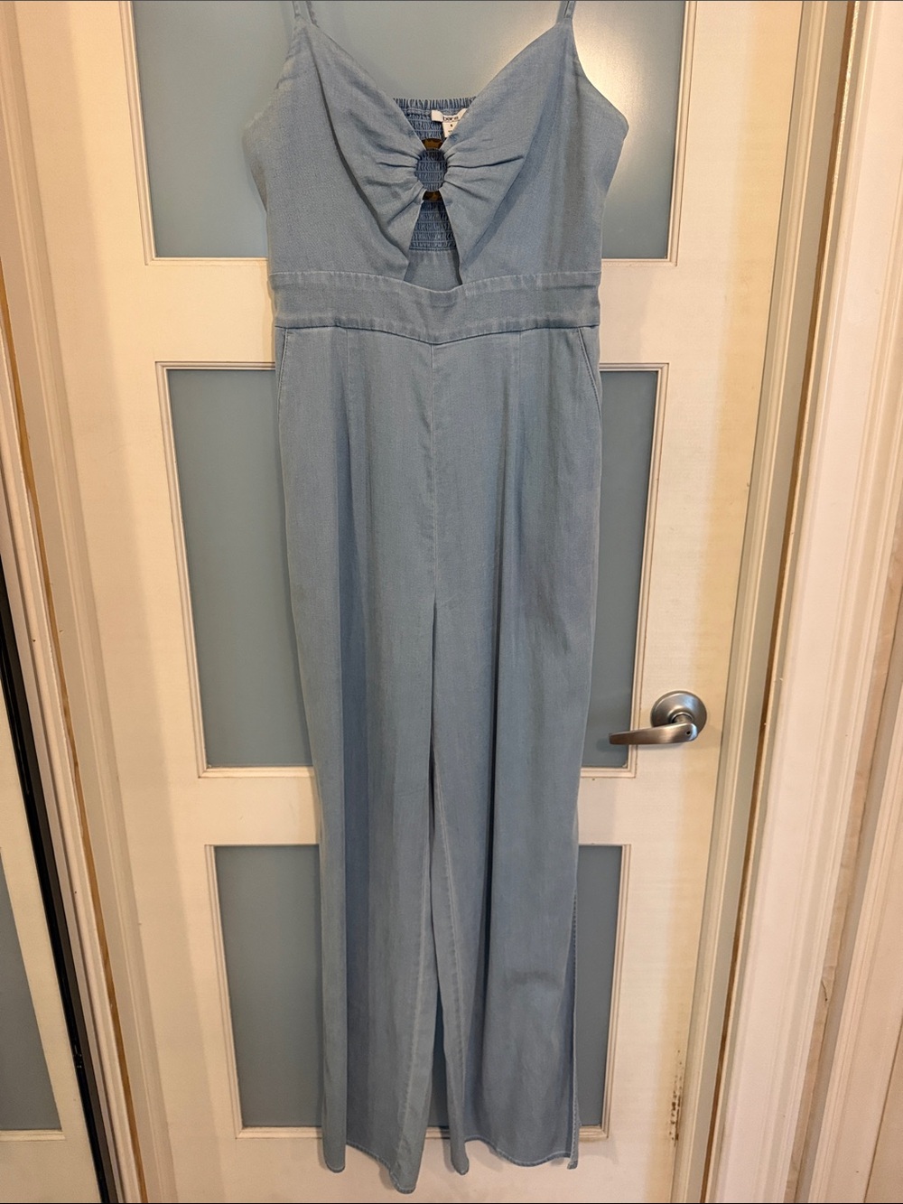 Bar III Light Blue Chambray Wide-Leg Jumpsuit with Front Ring Detail